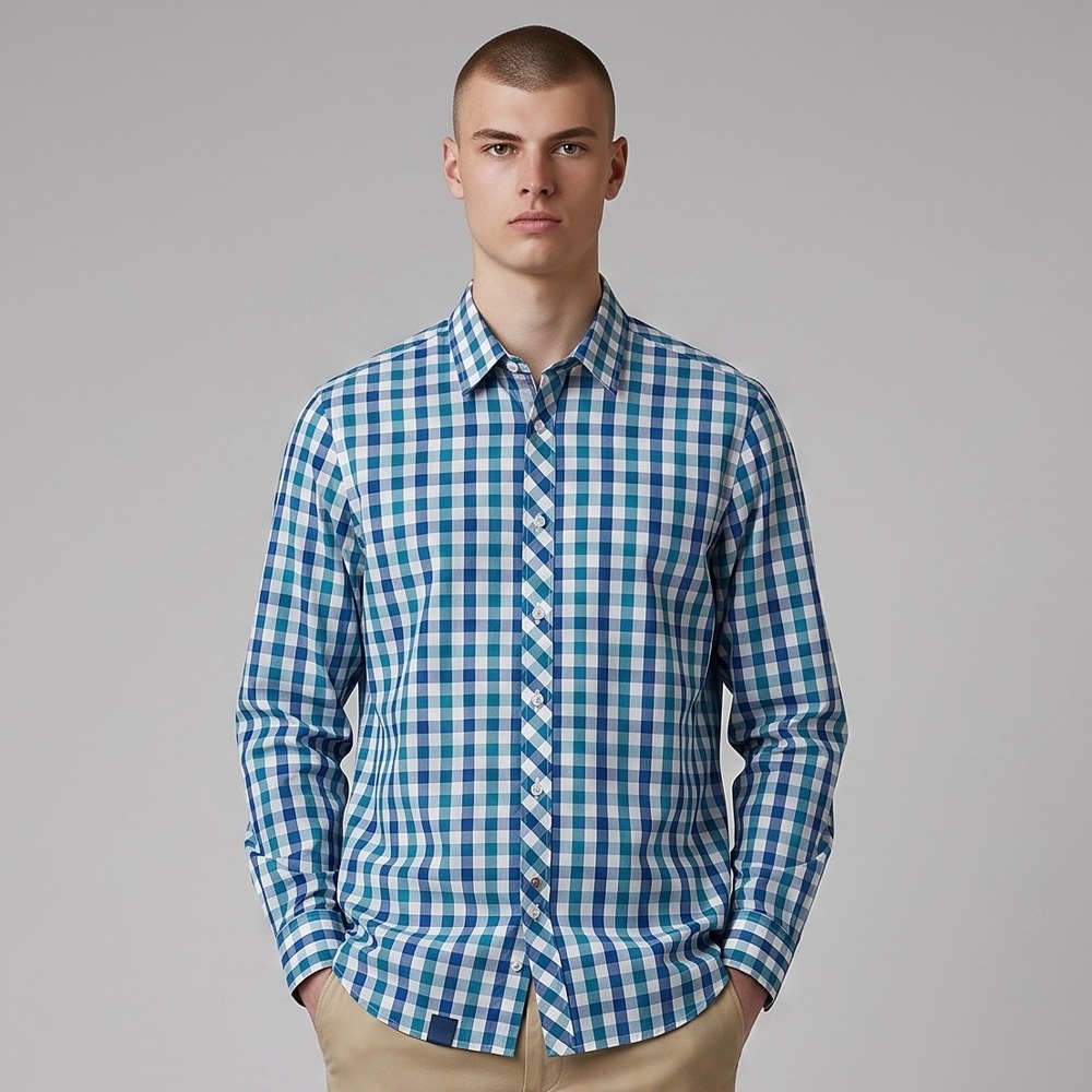 NWT Porsche Drivers Selection Gingham Button Up Shirt Mens Large L Blue Teal